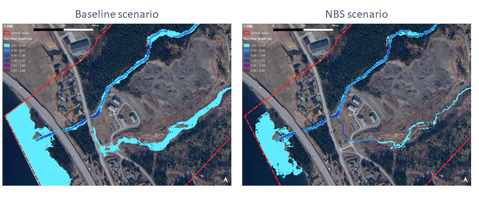 2 maps showing flood max flow depth for baseline and nature based solution scenarios 