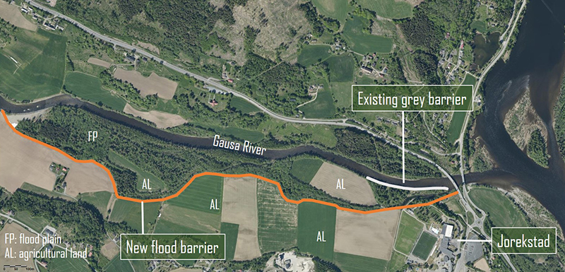 Aerial photo of the area with the location of the existing flood barrier