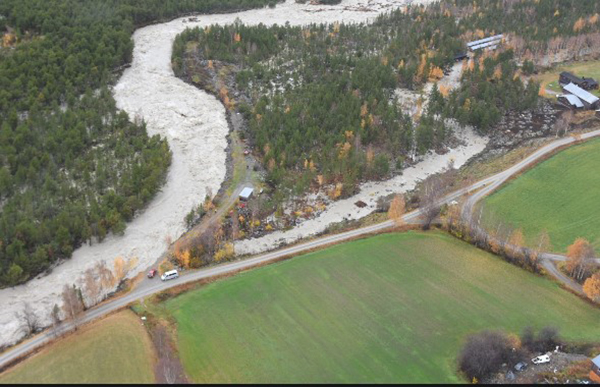 Flooding in the river Otta through Skjåk in October 2018.