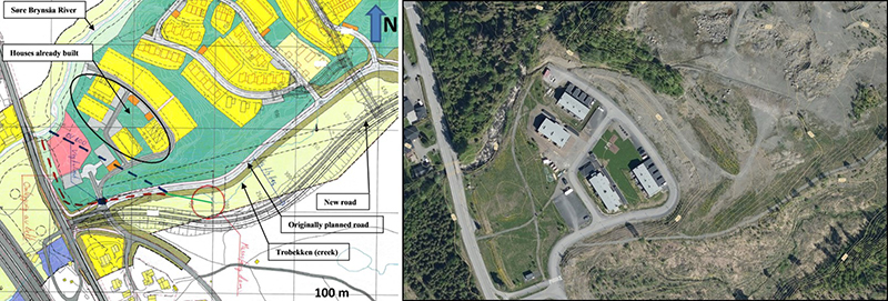 Left: Map of the Trodal housing development area, with planned interventions indicated. Right: Aerial photo of the area, as it is today.